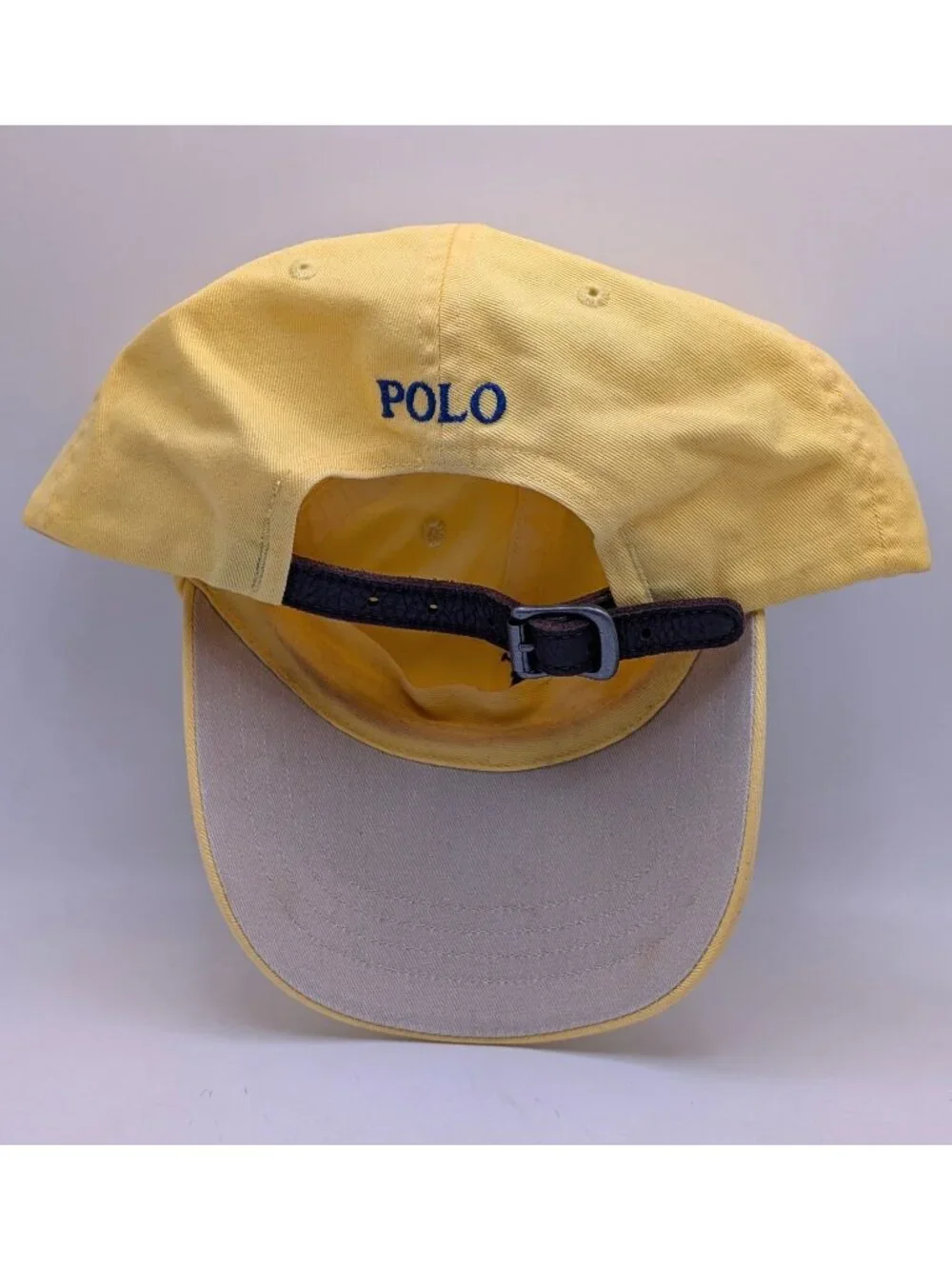 Vintage Polo Ralph Lauren Hat Yellow Blue Pony Logo Leather Strap Y2K Nautical